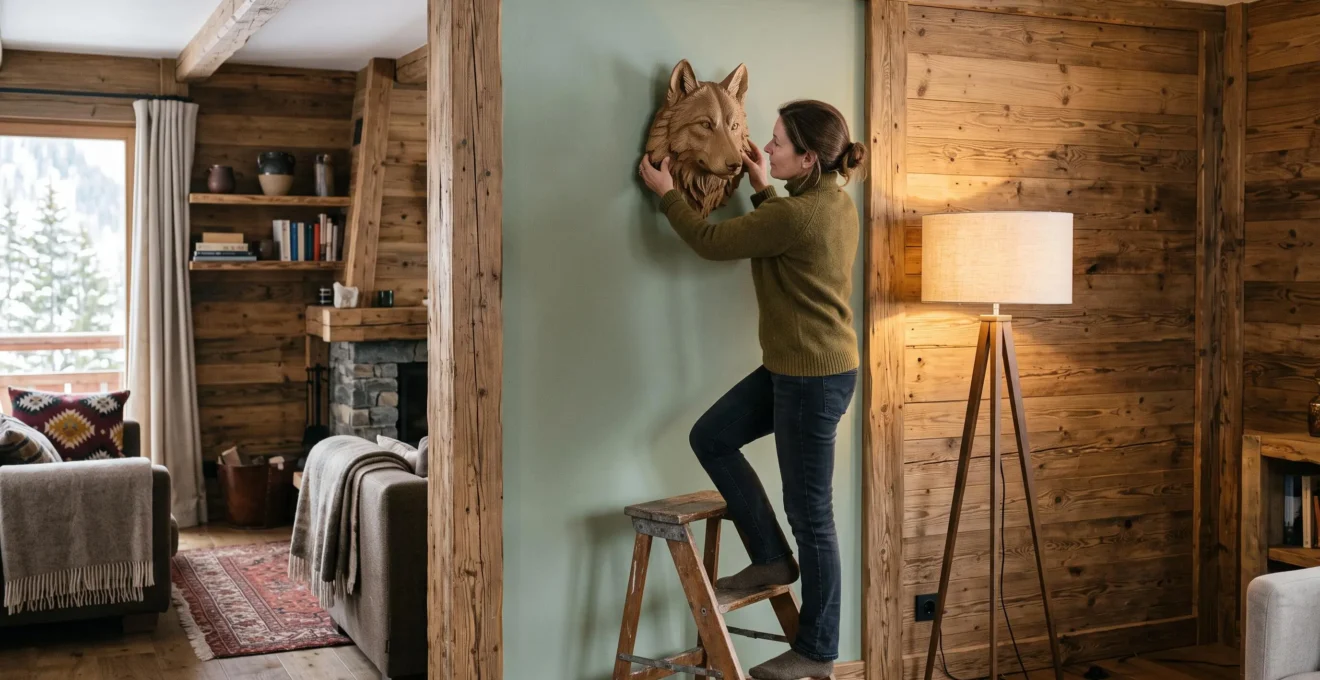 Une personne ajuste une tête de loup en bois sur un mur d'un chalet décoré avec goût.