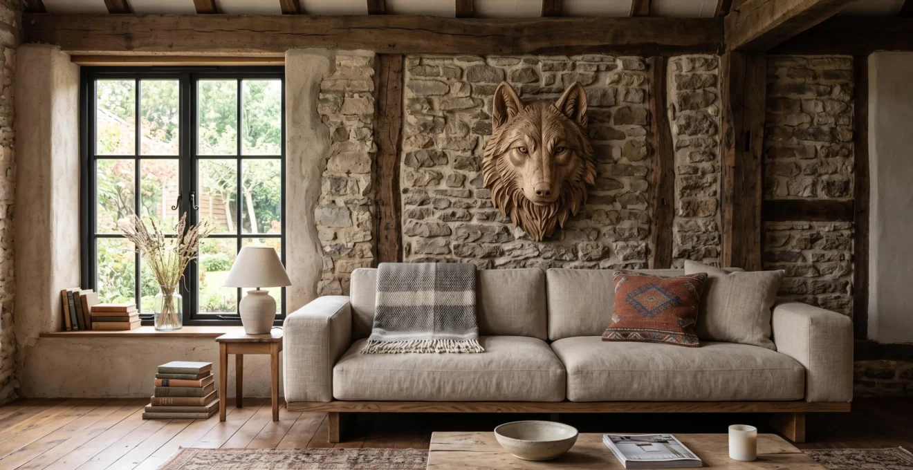 Une tête de loup en bois sculpté accrochée au-dessus d'un canapé moderne dans un salon rustique.