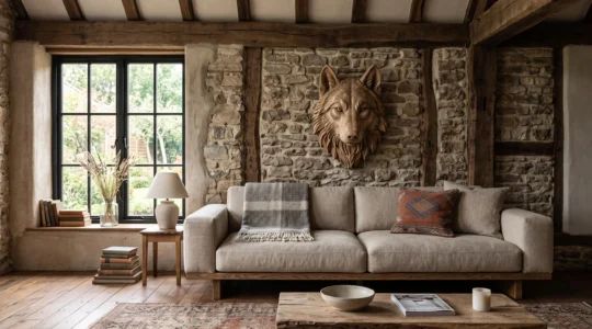 Une tête de loup en bois sculpté accrochée au-dessus d'un canapé moderne dans un salon rustique.