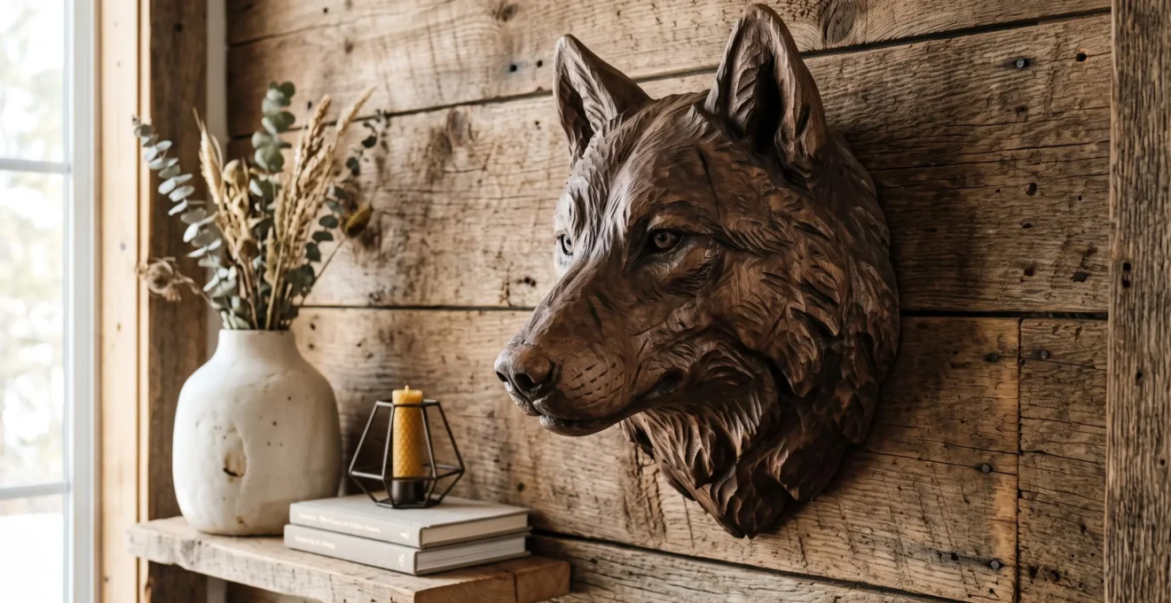 Gros plan sur une tête de loup en bois sculpté fixée sur un mur en planches rustiques.